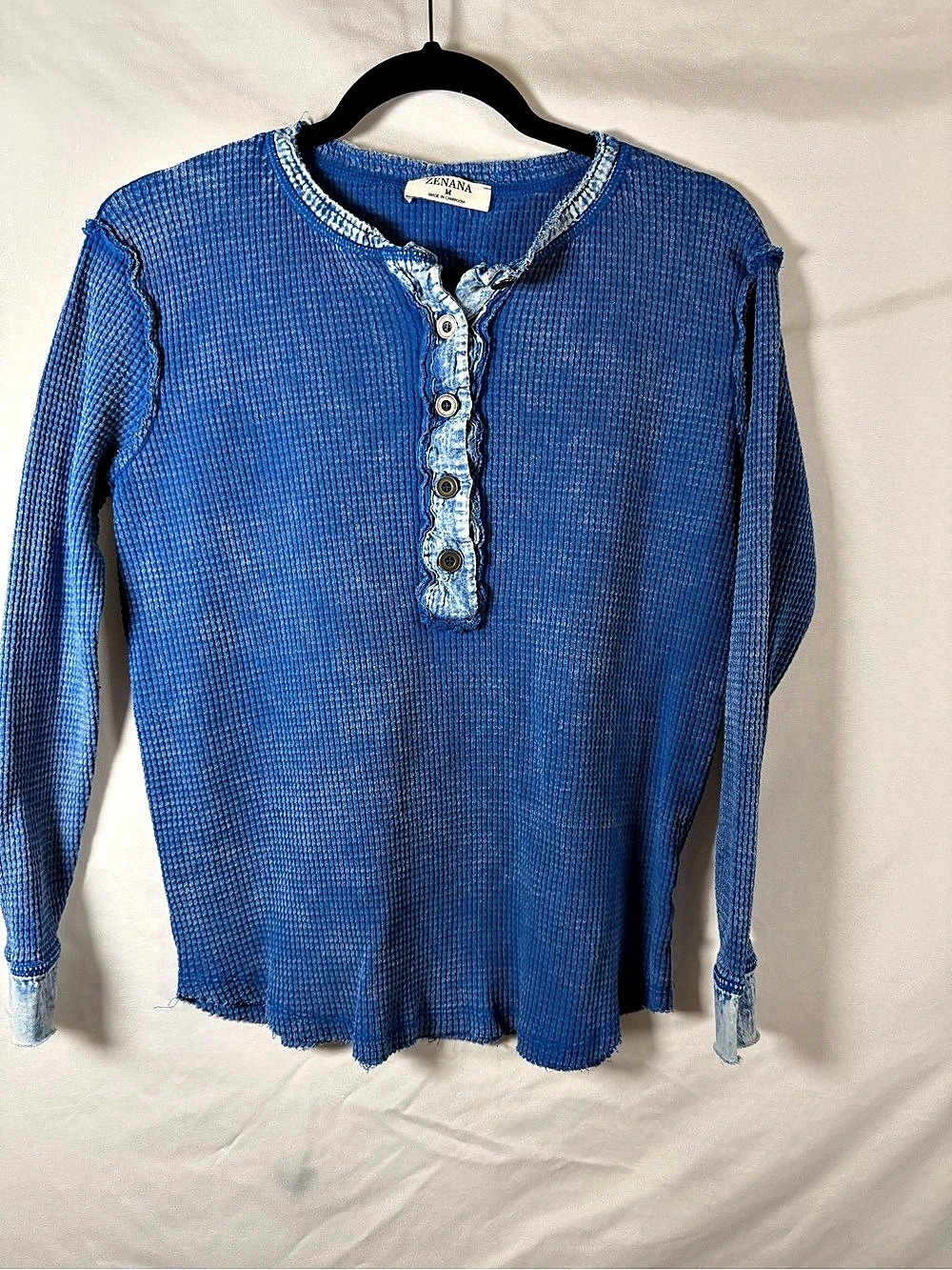 Zenana Blue Mineral Wash Waffle Knit Henley Top Raw Edge M